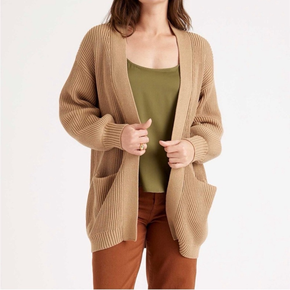 Quince 100% Organic Cotton Oversized Cardigan Camel Brown Size XS Open Front